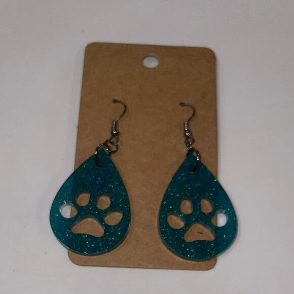Handmade epoxy resin paw print earrings - teal green shimmer - Picture 2 of 4
